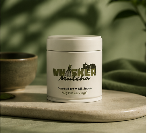 A collage showing a white cylindrical canister of Whisker Matcha green tea powder in multiple styled settings with matcha powder, a bamboo whisk, leaves, and a bowl of matcha tea. The canister label reads 'Whisker Matcha' with smaller text 'Sourced from Uji, Japan' and '40g (15 servings)'.